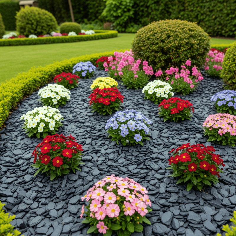 Massif fleuri avec paillage ardoise 30/60 mm