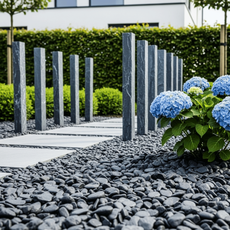 galet noir gris pour parterre design en association avec piquets en ardoise.